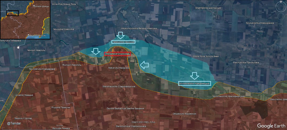 EUFreeCitizen's tweet photo. #UkraineWar #Ukraine #Russia #counteroffensive
⚡Almost the entire forward defense line of the Russian army near #Velyka #Novosilka - around 20 km long - has been wiped out.
Ukrainian forces liberated #Neskuchne and #Novodonets'ke.
Based on Russian drone footage we know that Ukrainian forces are already operating further south, hammering Russian forces in Storozheve and the little village of Blahodatne, nearby.
Note: these information does not compromise OPSEC. These information have been cross checked between Ukrainian and Russian sources (see maps)