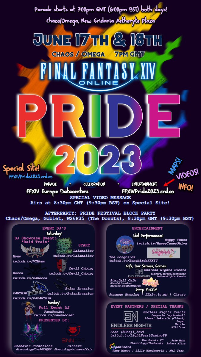 🏳️‍⚧️🏳️‍🌈FFXIV EUROPE PRIDE 2023🏳️‍🌈🏳️‍⚧️

Full Event Flyer with all info - share with EVERYONE!

⭐️PRIDE FESTIVAL BLOCK PARTY⭐️

Watch the special site:
FFXIVPride2023.crd.co

There will be a VERY SPECIAL VIDEO MESSAGE airing after the parade on the site!

use:
🏳️‍⚧️🏳️‍🌈#FFXIVPride2023🏳️‍🌈🏳️‍⚧️