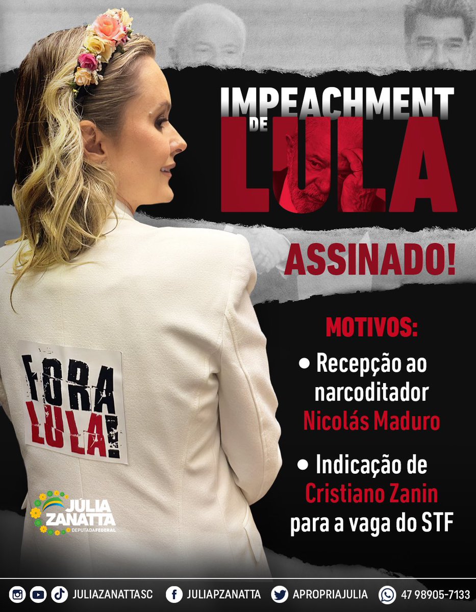 apropriajulia's tweet photo. IMPEACHMENT DE LULA

Sou coautora, junto com outros colegas Deputados Federais, de pedido de impeachment feito pelo @DepSanderson contra o Presidente Lula.

Em 29 de maio de 2023, Lula recepcionou, no Brasil, o ditador da Venezuela, Nicolás Maduro, violando os princípios que regem a República Federativa do Brasil nas suas relações internacionais, bem como tratados internacionais de Direitos Humanos.

Por ocasião da saída do Ministro Ricardo Lewandowski do STF, Lula indicou seu advogado pessoal, Cristiano Zanin, para a vaga. Segundo matéria d’O Globo, o escritório do advogado Zanin também teria recebido R$ 1,7 milhão por “serviços de consultoria jurídica” prestadas ao Partido dos Trabalhadores.