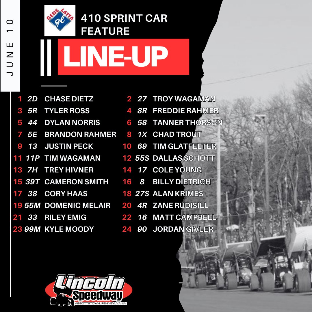 lincolnspeedway's tweet photo. The feature line-up is set for tonight's $7,000 to win 𝔼𝕝𝕚𝕛𝕒𝕙 ℍ𝕒𝕨𝕜𝕚𝕟𝕤 𝕄𝕖𝕞𝕠𝕣𝕚𝕒𝕝! Who will it be in victory lane tonight? https://t.co/WcUvYCO4sp