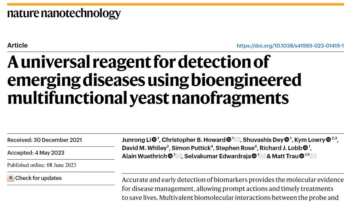 Delighted to finally have this manuscript published. Thanks to <a href="/AIBNatUQ/">AIBN Research</a> and <a href="/CSIRO/">CSIRO</a> for having us as part of this collaboration. We discuss bioengineering of yeast fragments as a universal diagnostic reagent for detection of SARS-CoV-2 and emerging viral pathogens <a href="/UQMedicine/">UQ Medicine</a>