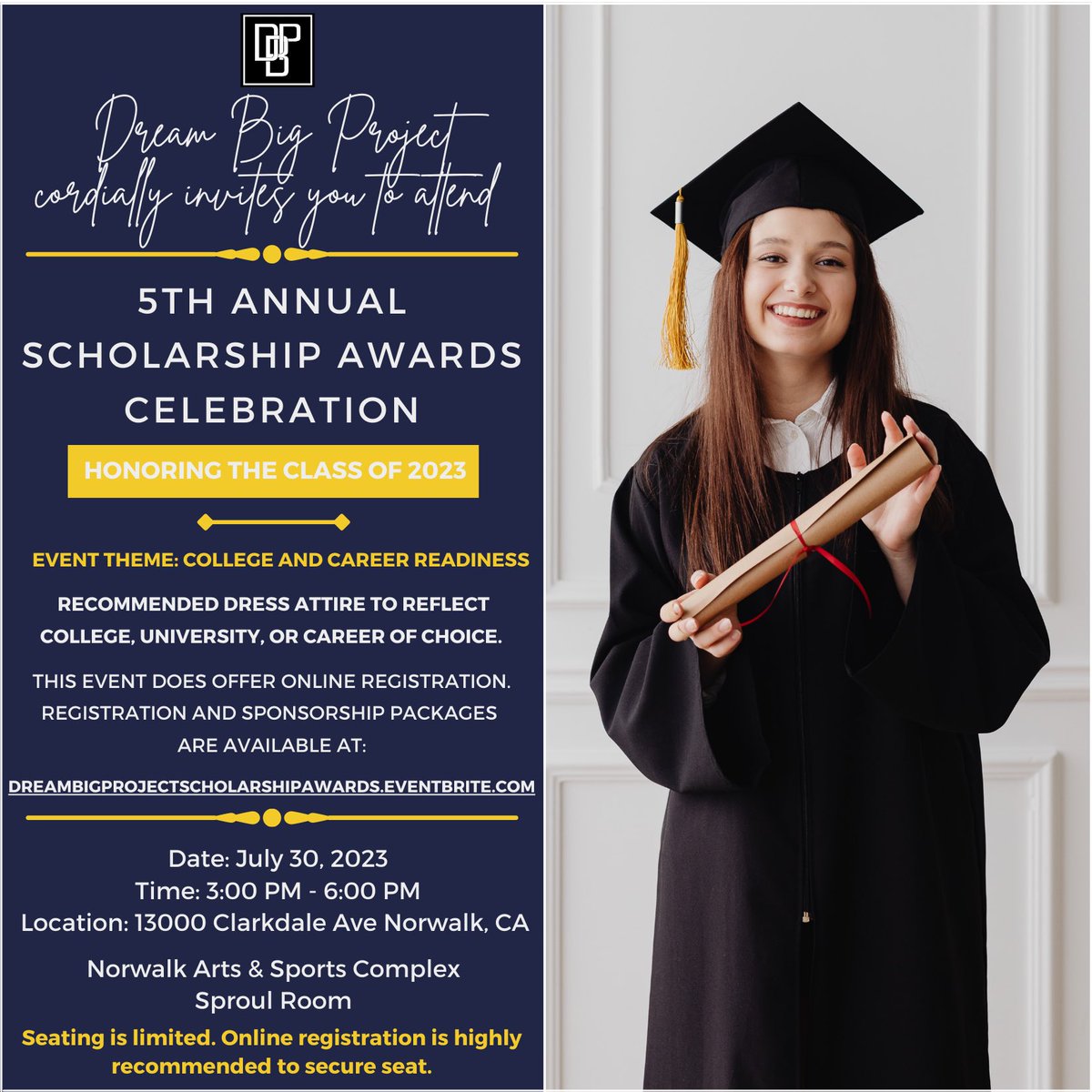 The countdown begins! 50 days until we celebrate our 2023 scholarship recipients!

Online registration to attend our 5th Annual Scholarship Awards Celebration is now open. 

Seating is limited. Online registration is highly recommended.