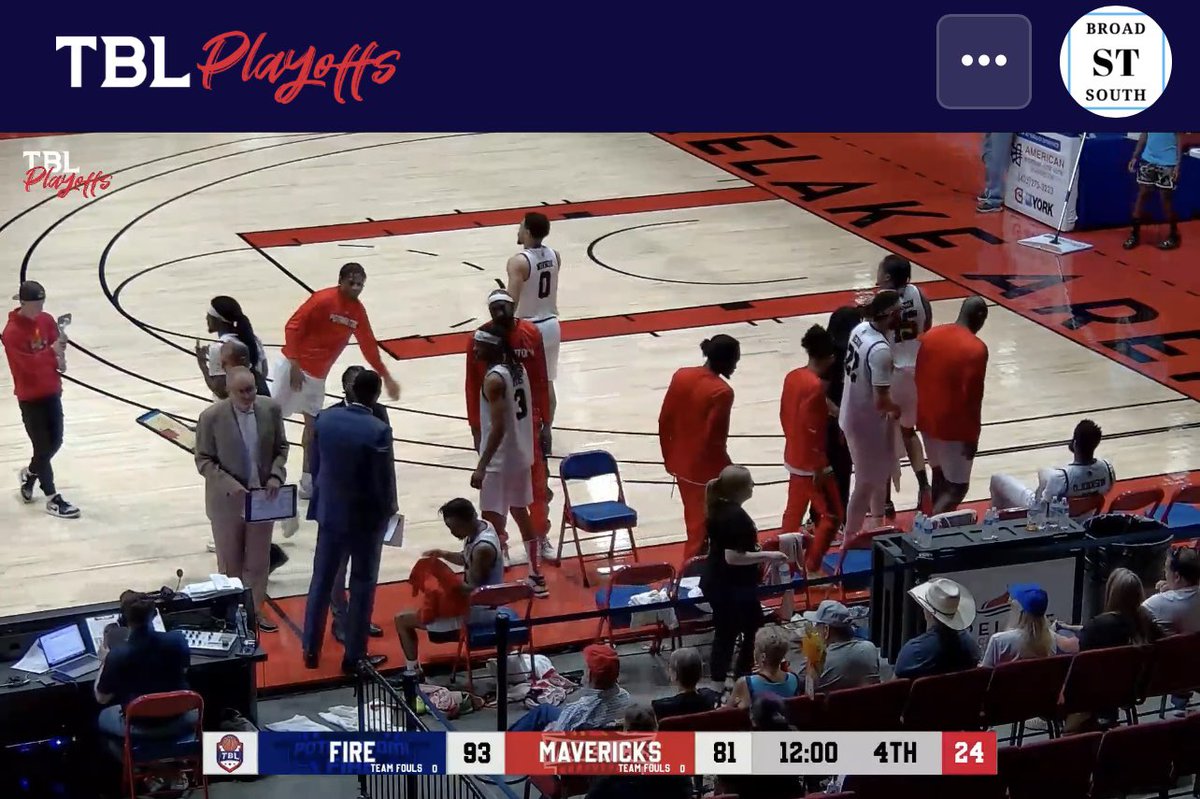 At the end of the 3rd @PotawatomiFire lead 93-81 over @ShreveportMavs. A win will advance the fire to the next round. The @TBLproleague 2023 playoffs continue #adifferentleague #broadstsouth