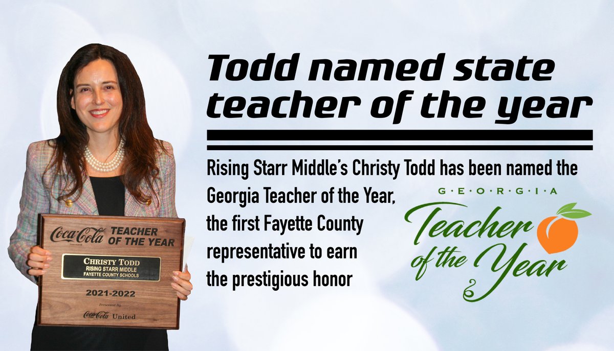 Rising Starr Middle’s Christy Todd has been named the 2024 Georgia Teacher of the Year by the Georgia Department of Education. Todd is the first Fayette County Public Schools teacher to be named Georgia Teacher of the Year.  bit.ly/3NkIwxh