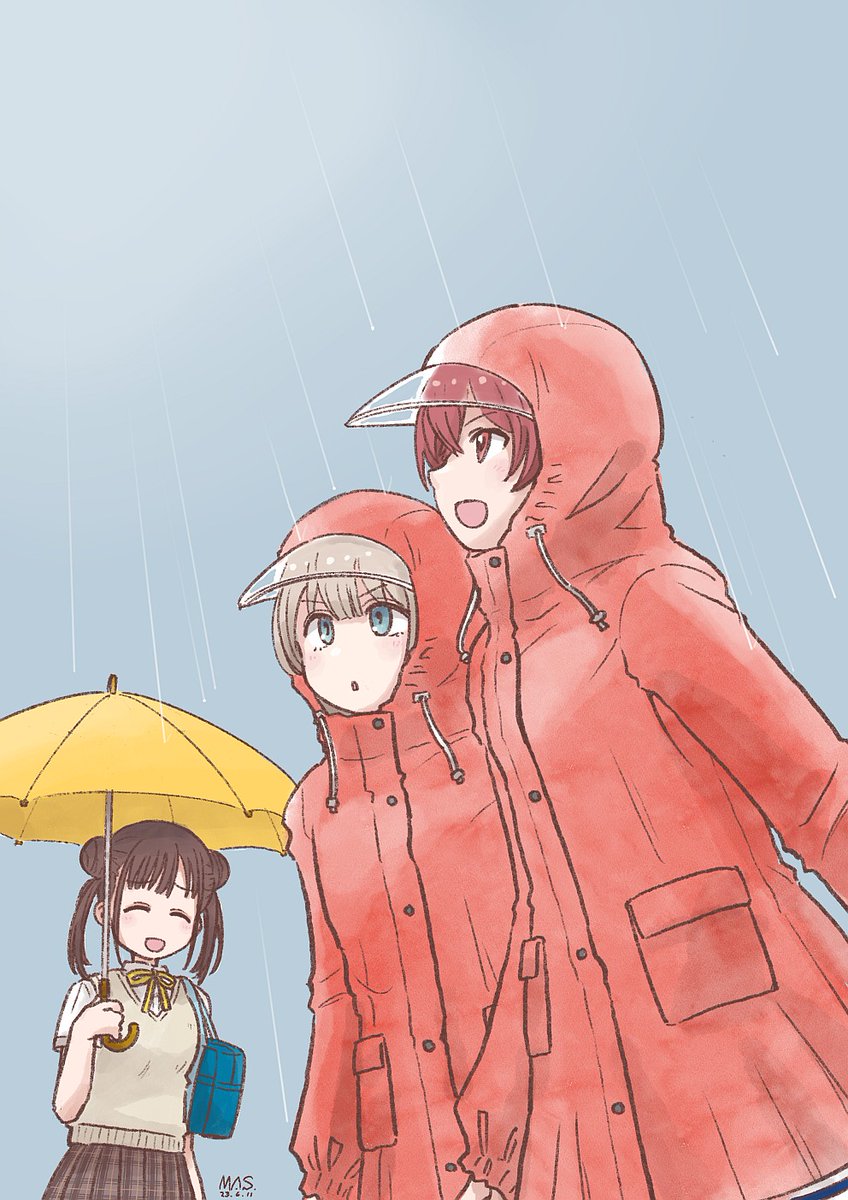 multiple girls rain umbrella 3girls hair bun school uniform closed eyes  illustration images