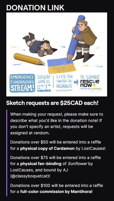 if you'd like to place an early sketch request, the link to donate is: paypal.me/haedraulics! 

i encourage donating early so your request can be drawn as soon as the stream starts! thank you everyone for your support so far🙏🥺