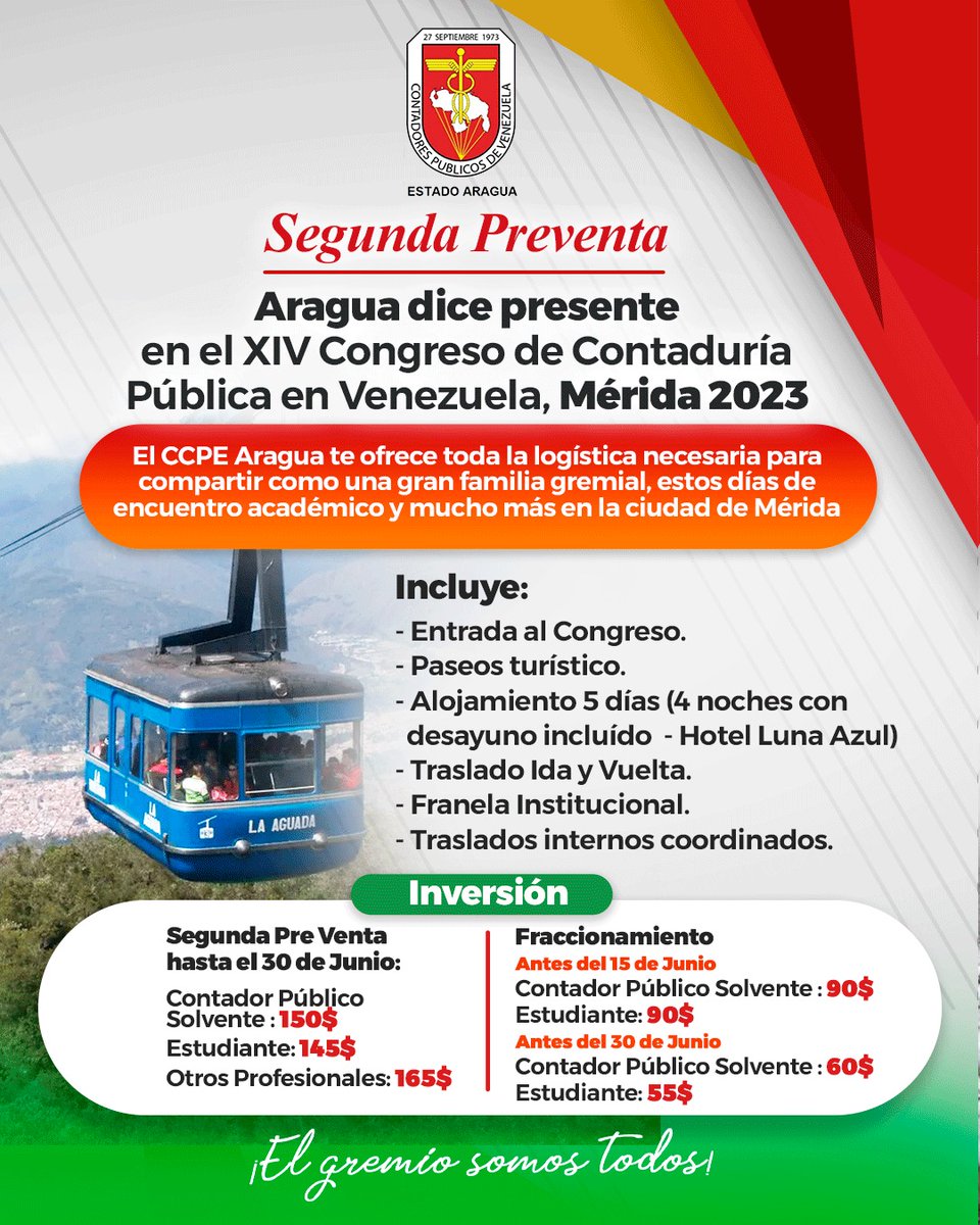 ccpAragua's tweet photo. El Colegio de Contadores Públicos de Aragua preparó para sus afiliados y público en general un itinerario exclusivo para viajar a Mérida y participar el el XIV Congreso de Contaduría Pública en el mes de julio.  📌SEGUNDA PREVENTA https://t.co/G5iZPhmpZK