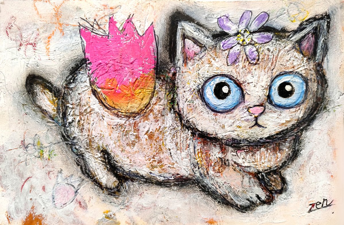no humans cat traditional media flower animal focus looking at viewer animal  illustration images