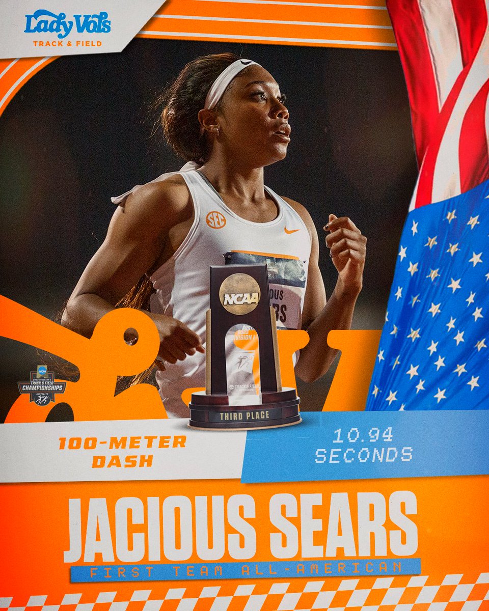 JACIOUS SEARS 🔥🔥🔥

The Lady Vol sprint star finishes third in the #NCAATF 100-meter final!

⏱ 10.94w (+2.3 m/s)

#GBO 🍊