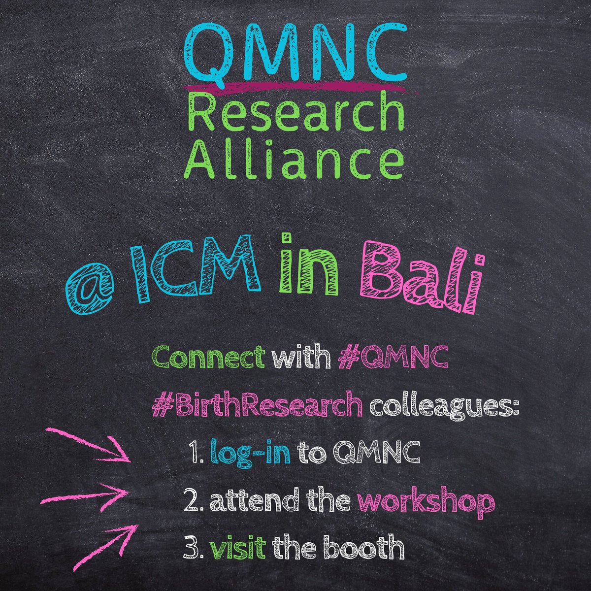 Hello #ICM2023! We're so excited to be here in Bali. Here's how to connect w/ #QMNC #BirthResearch colleagues: ☑️log into the platform & join the QMNC@ICM group ☑️attend our workshop - Wed 11 am Uluwatu 3 czech-in.org/cmPortalv15/Se… ☑️ visit our booth & pick up your member button!