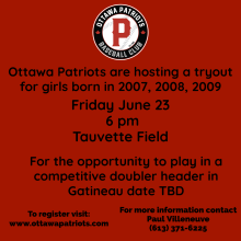 Patriots are hosting a tryout for girls born in 2007, 2008, 2009 ottawapatriots.com/clubs/5454/ann…