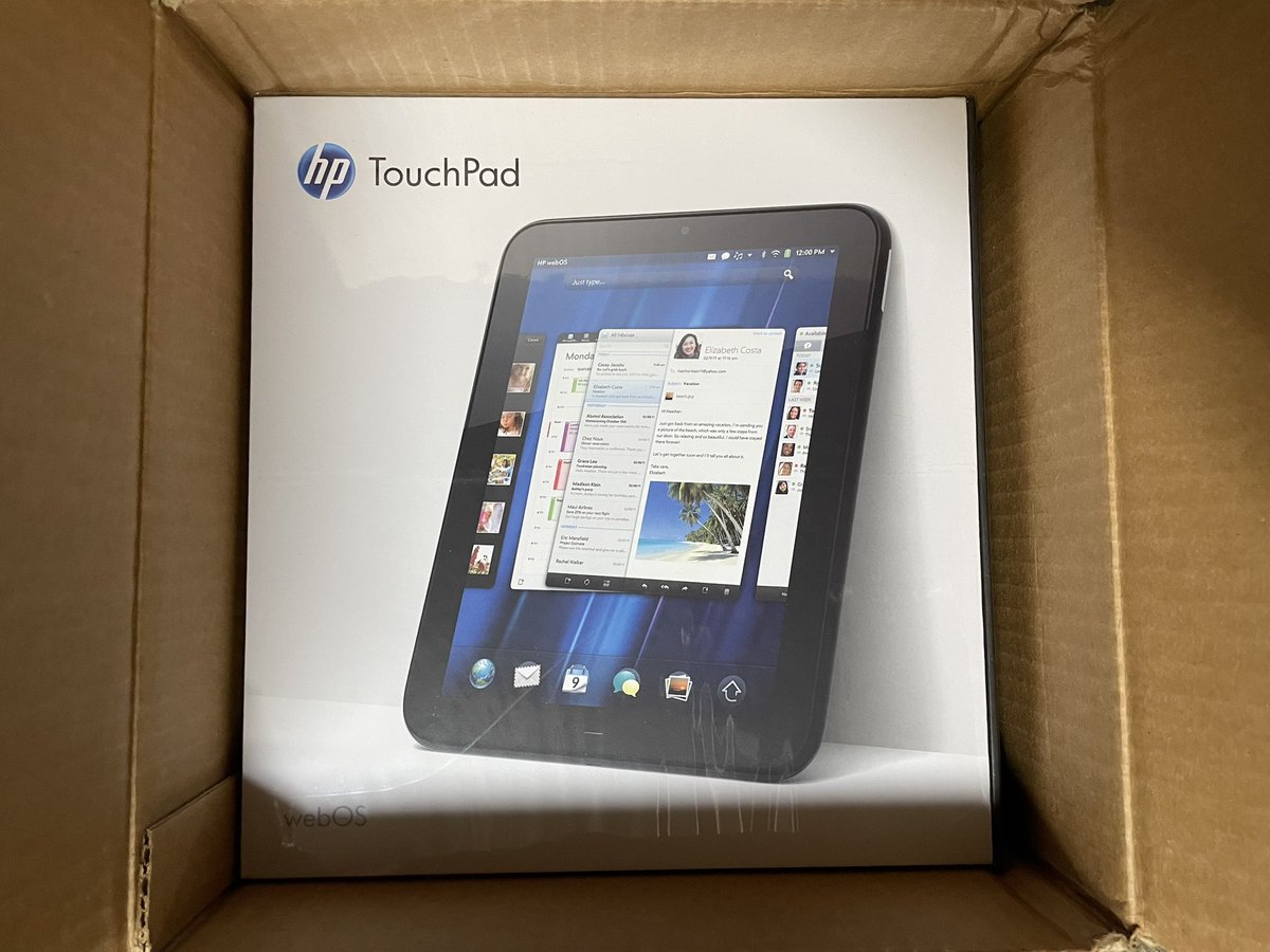 MediumFidelity's tweet image. Found this treasure while purging some of my collection of original packaging for devices I don’t have anymore. 
New in box (still shrink wrapped in the shipping box) HP TouchPad. webOS 4eva!
#webOS #NotAHoarder #OkayMaybeAHoarderButForElectronics