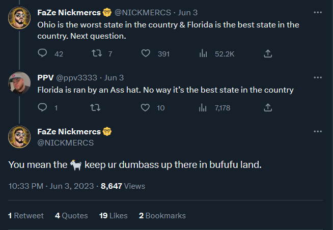 GangstHannah's tweet photo. Bro, this motherfucker said Ron DeSantis was the goat, on June 3rd of this fucking year. 

In case you were wondering who he really supports. One of the most cruel and sociopathic assholes in the whole USA. Nick Mercs thinks that guy is the goat lol lmao even 🤡💀

Fuck you Mercs https://t.co/Onv7RkmV9n