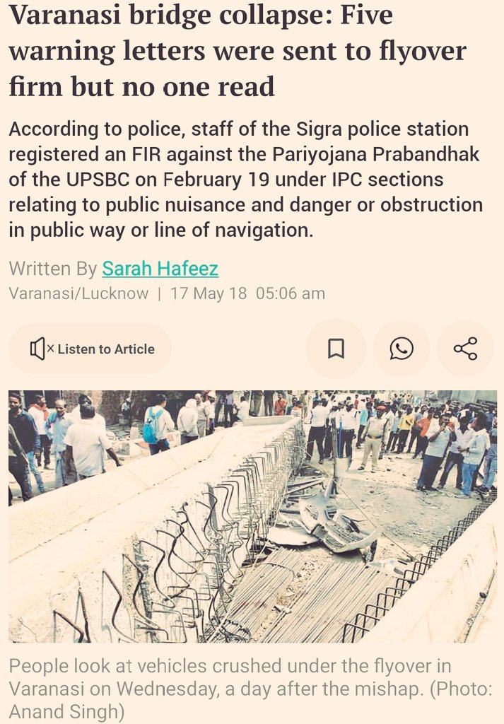 TheIdeaofIndia3's tweet photo. There were no further reporting of this disaster. I don't remember news channels carrying this news even on the second/third day after the accident, afterall Varanasi is Modi's constituency. #varanasiflyovercollapse
https://t.co/Dh7lHsNasw https://t.co/Jymvi1Z2bE