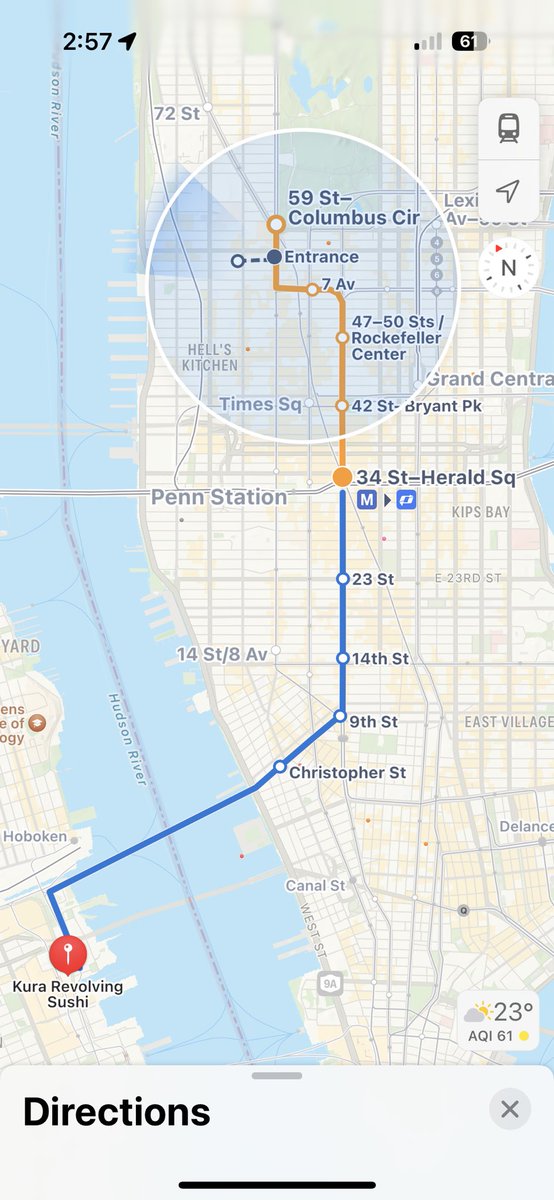 Apple Maps has such a much nicer UI & UX in comparison to Google Maps.

With Apple Maps, I know exactly what stations i’ll be going through, and the lines actually match the real-life signage colours (Orange for the BDFM Lines, Blue for the PATH line)

Meanwhile… Google seems to…