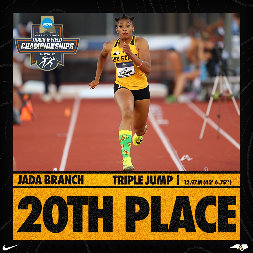 Jada Branch finishes 20th overall at the NCAA Outdoor Track & Field Championships with a leap of 12.97m
(42’ 6.75”).

#GoApp