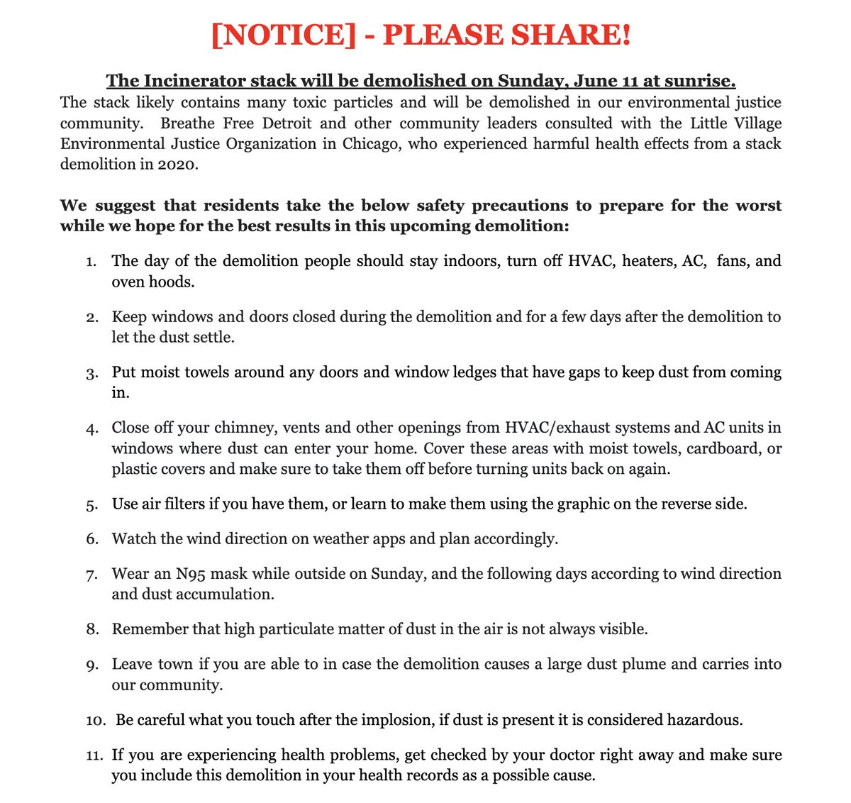 The demolition is happening in approximately 6 hours. Residents consulted with the Chicago group to create their own safety precaution list to distribute. 🧵