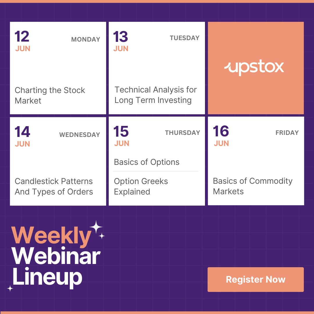 upstox's tweet photo. 🗓️ Mark your calendars and get ready for our Weekly Webinar Lineup filled with valuable trading knowledge.
Register now for free: https://t.co/qLq0zWC493
#LearnWithUpstox #options #OptionsTrading #webinar #learning #charting https://t.co/sM763sB4Wv