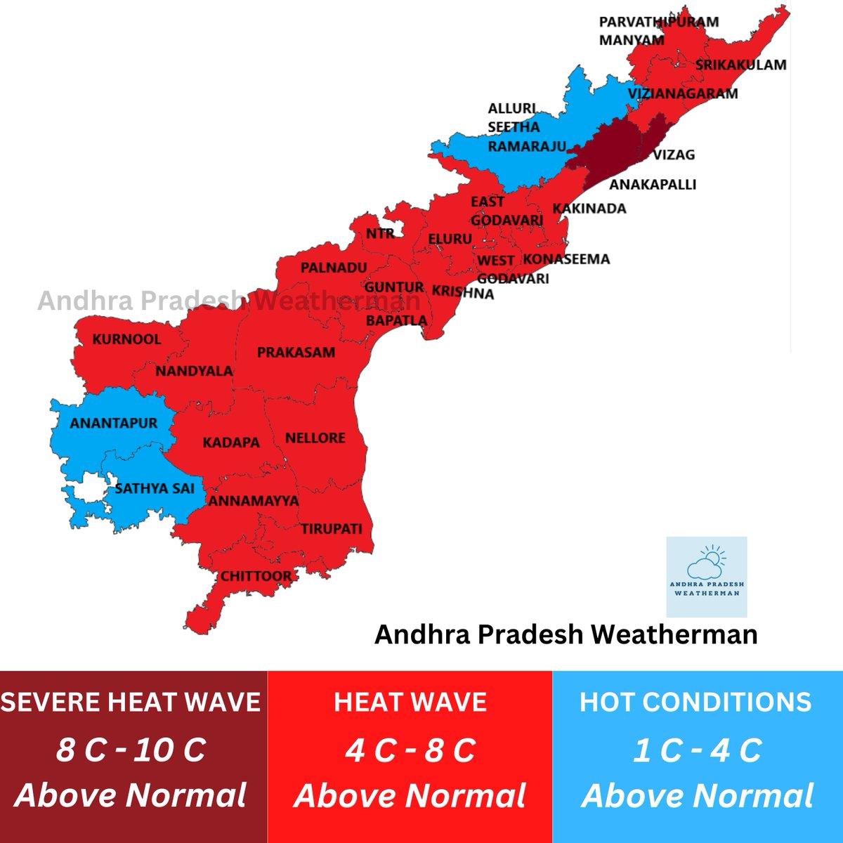 HEAT WAVE WARNING --- Increased Heat Wave conditions ahead for all parts of #AndhraPradesh till June 17th till the Monsoon arrives. Mainly #Visakhapatnam and also Anakapalli side can see more heat as the Westerlies are very strong. From Morning to Afternoon Temperatures at