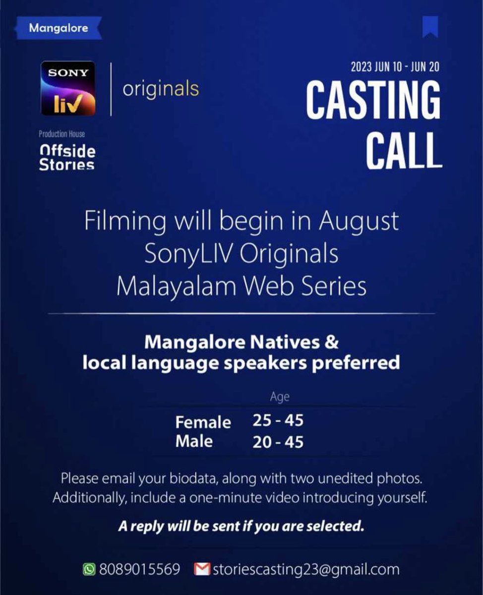 Casting Call 🎭 Web Series

Looking for Male & Female actors. Check poster for more details! 

#arh #auditions are here #castingcall #webseries #maleactor #femaleactress #malayalam #offsidestories #sonyliv #sonylivoriginals #mangalore