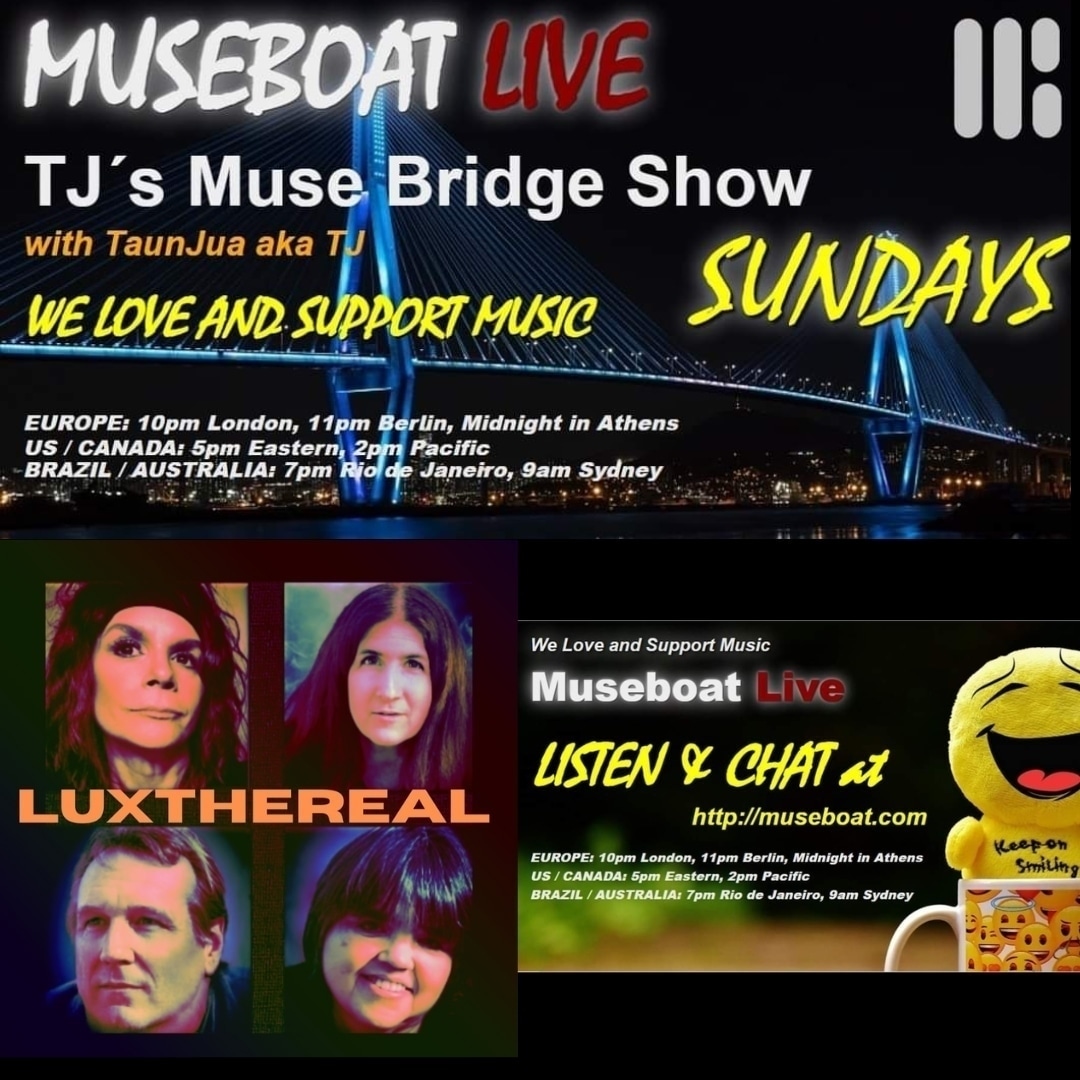 TODAY!
TJ's MuseBridge Show
2PM PT/3PM MT/4PM CT/5PM ET
museboat.com

#retweet @luxthereal1
@museboatlive
@rtItBot @rttanks
@TraceMess_469
@TheRepostCrew
@BlackettPromo
@BlazedRTs
@MusicBuzz14
@FluidRT
@Know_Know44
@thgc_rts
@ArtistRTweeters
#rockradio 
#internetradio