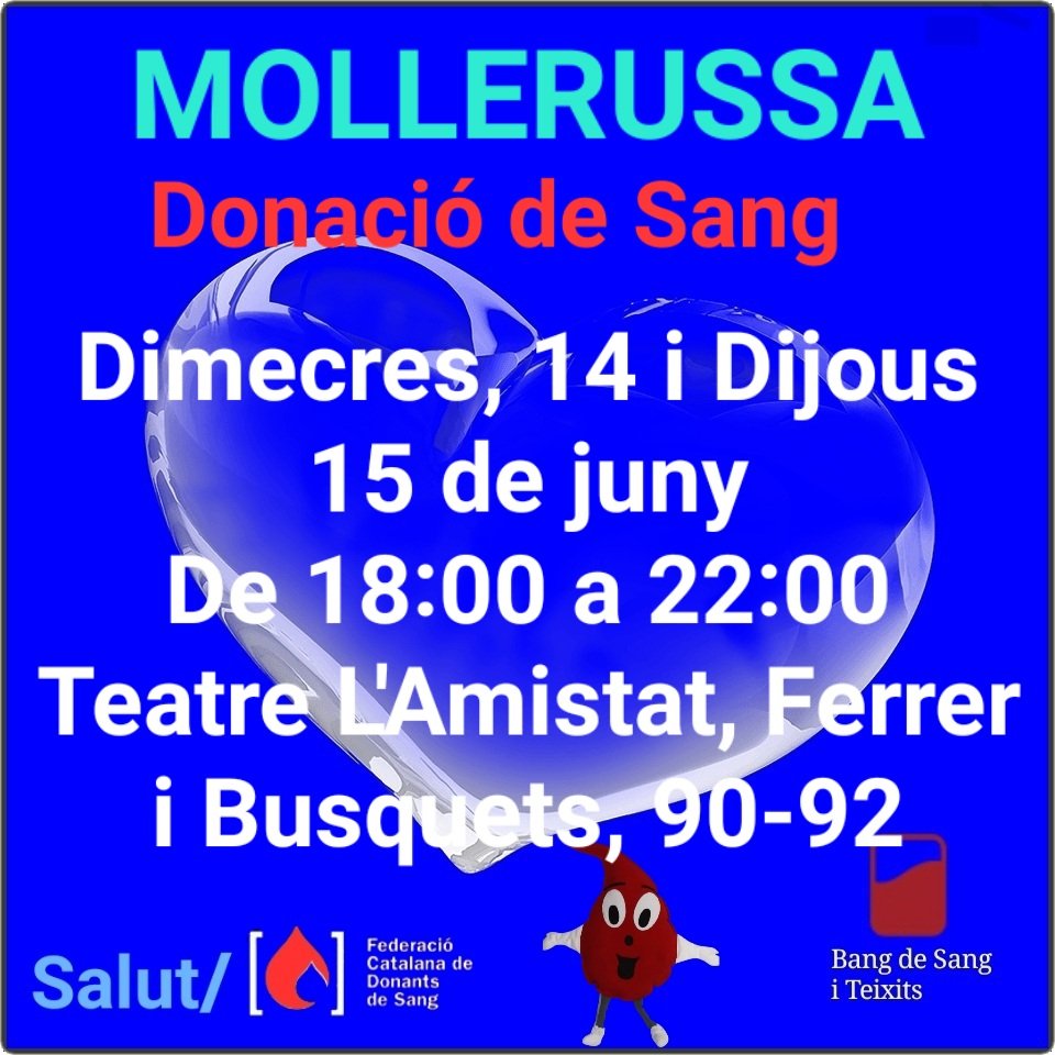 #Mollerussa
#donaciodesang 
Dimecres, 14 i Dijous 15 de Juny 
De 18:00 a 22:00
Teatre L'Amistat, Ferrer i Busquets, 90-92