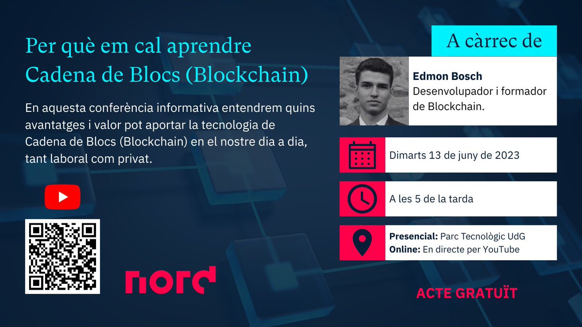 FundacioNord's tweet photo. .

No et perdis aquesta oportunitat de conèixer més sobre Blockchain i les seves aplicacions. 

Vine al Parc Científic i Tecnològic de Girona o connecta't a través del nostre canal de YouTube per aprendre, compartir i debatre.

. https://t.co/ZrI3B8XL9q