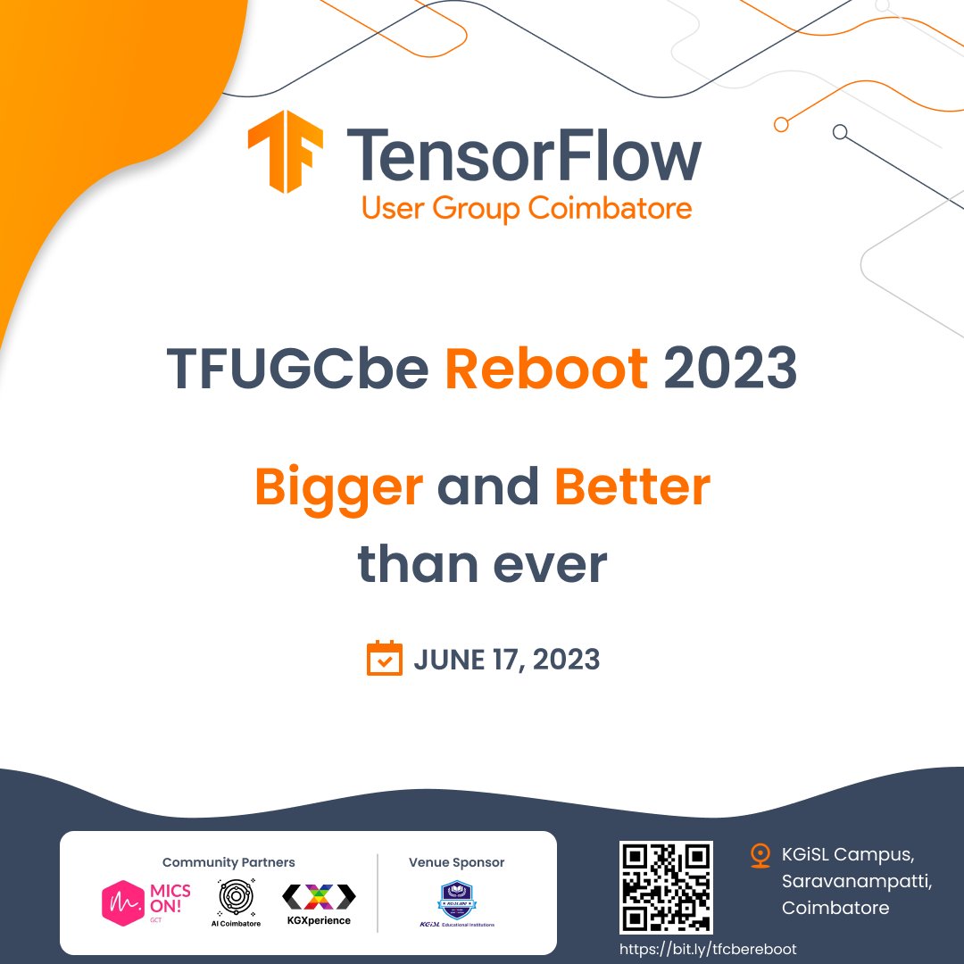 📣 Join us on June 17 for the highly anticipated TFUGCbe Reboot 2023! 🚀✨

Save the date and be ready for an immersive AI and Machine Learning experience! 📅💻🎉