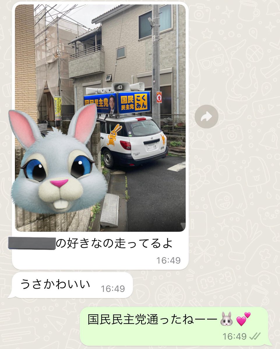 きゃーーーん。
家の前を国民民主党の街宣車が通ったわ🐰✨
ちょうどスーパーのお使いの帰りで、チャリ乗ってた夫からすぐ写真きたw