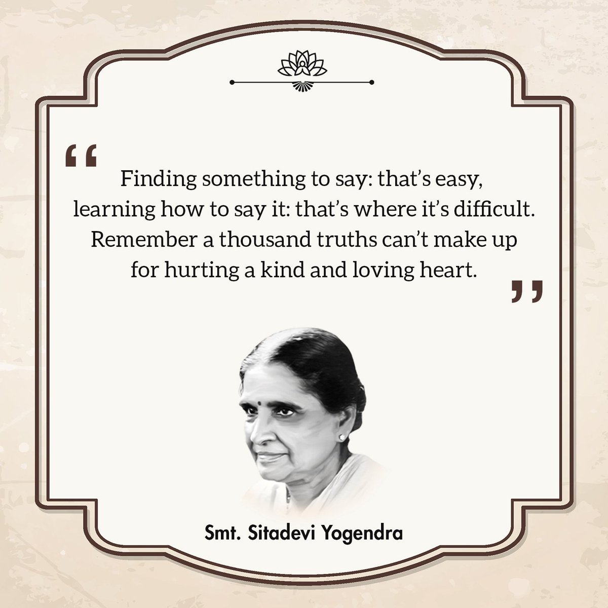 tyi_official's tweet photo. The Art of Communication: Finding the Right Words.
#findsomething #findrightwords #rightwords #wordsmatter #ArtofCommunication #communication #YogaGuru #Yoga #yogalife #motherofyoga #motherquotes #quotes #SitaDevi #sitadeviyogendra #DrHansaji #TheYogaInstitute #tyi https://t.co/ikYWKzhBtN