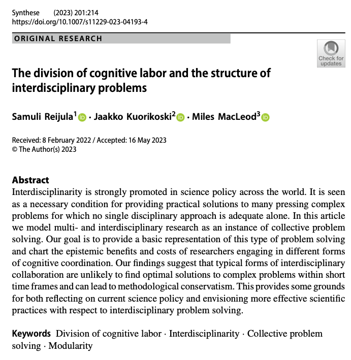 samulipo's tweet photo. Our interdisciplinary problem solving paper is now online! https://t.co/nqVCNQte8F @: Miles MacLeod, Jaakko Kuorikoski #interdisciplinarity #philosophy_of_science #science_policy #open_access https://t.co/UFuTkxh3yL