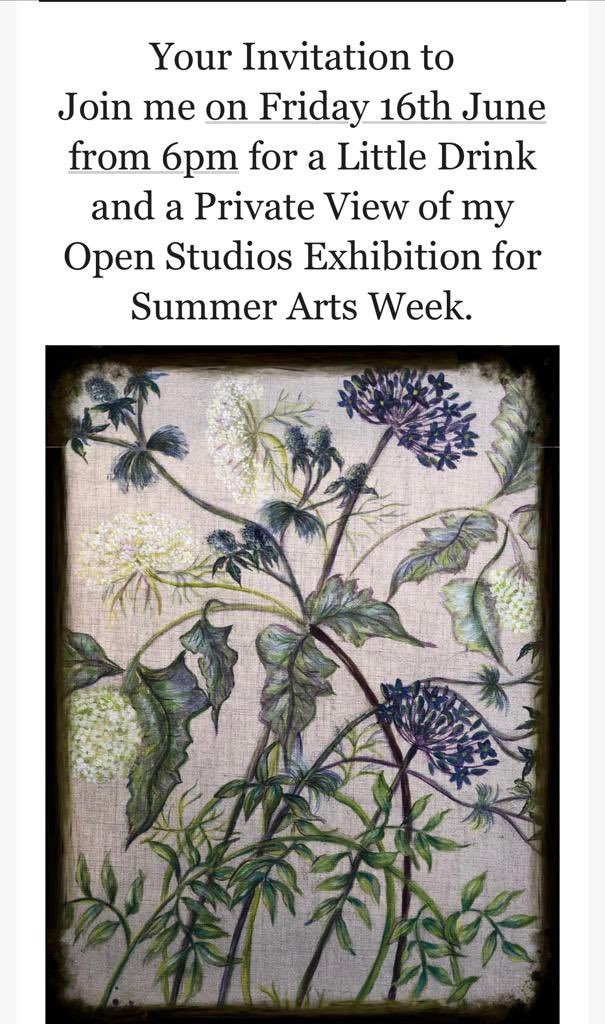 Join me on Friday 16th June from 6pm for a Little Drink 🥂 and a Private View of my Open Studios Exhibition for #SummerArtsWeek @WarwickshireOS 
🖼️ 🎨 🖊️ 👩‍🎨 

Please let us know if you would like to join us… call us on 01926 424826.
                                
#art