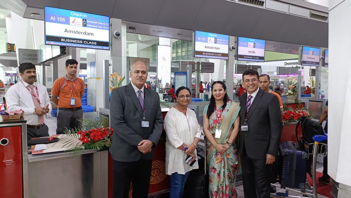 airindia's tweet photo. #FlyAI: Adding another destination in Europe to our expanding network, our inaugural flight to Amsterdam is on its way! A ceremonial lamp was lit, a cake shared & ribbon cut by our Chief Customer Experience and Ground Handling Officer @rajeshdogra7 , along with passengers, CCO DIAL P.N.Thakur & senior AI, AISATS, GMR officials to mark the occasion. 

Comment below with a ❤️ to celebrate with us. #DELToAMS