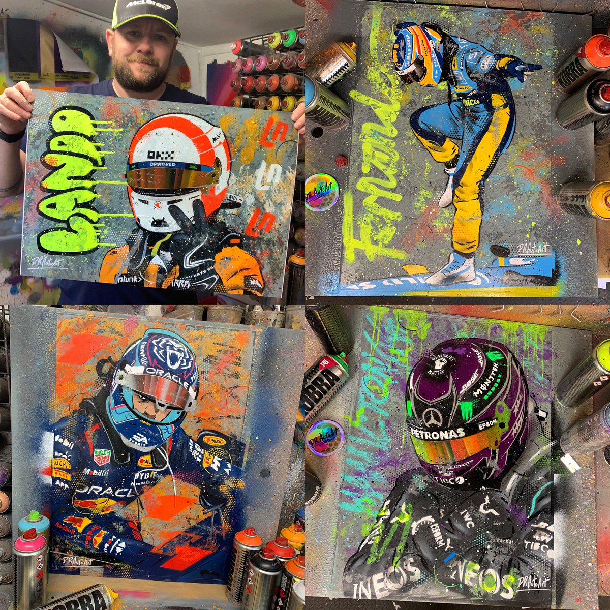 F1 Fans! Check out these artworks. Each graffiti painting is handmade and totally unique. Please share this post to help spread the word! 🤟🏻
#drautoart
.
.
#f1 #formula1 #landonorris #fernandoalonso #maxverstappen #lewishamilton #ln4 #fa14 #mv33 #lh44