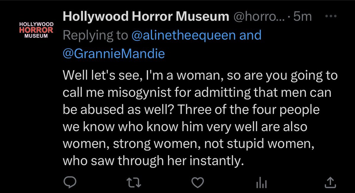 Well, the @horrormuseum blocked me before I could offer more thoughtful evidence of Johnny Depp’s pre-Amber industry reputation - which was hot garbage, btw. But anyway yes, women can be misogynistic. And men can abused. But #JohnnyDeppisawifebeater 100% just based on facts
