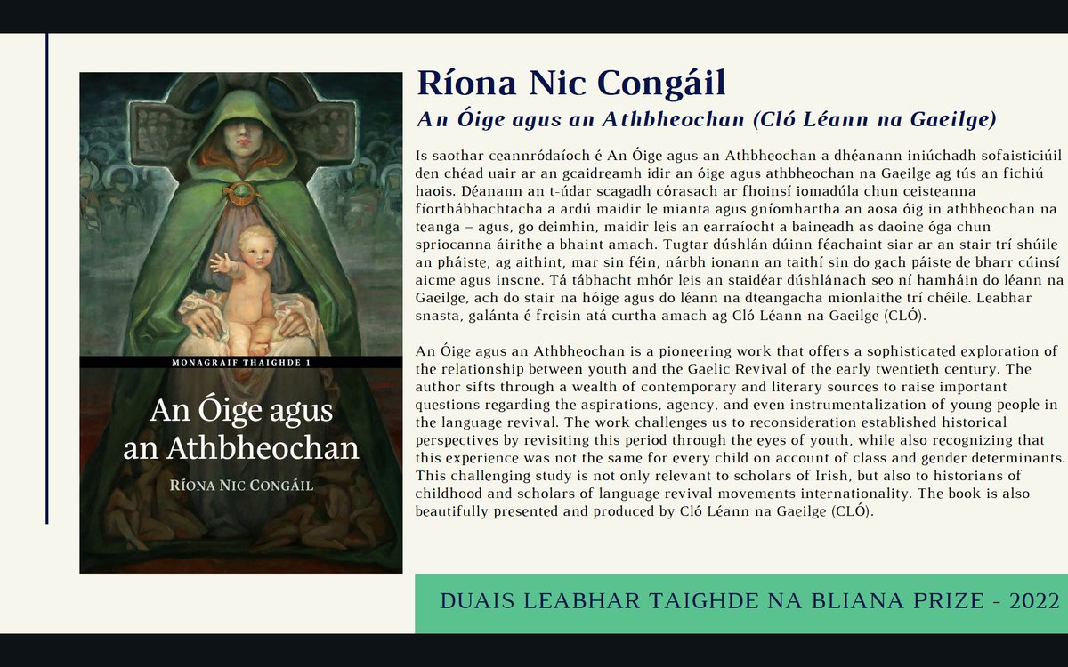 BCIrishStudies's tweet photo. Comhghairdeachas le Ríona Nic Congáil ar bhuaigh Duais Leabhar Taighde na Bliana 
Congratulations to Ríona Nic Congáil @UCDScoilGLCB on her book An Óige agus an Athbheochan [The Youth &amp; the Revival] @Clo_Leann winning @ACIrishStudies prize for best book in the Irish language https://t.co/WdQYcsGJaj