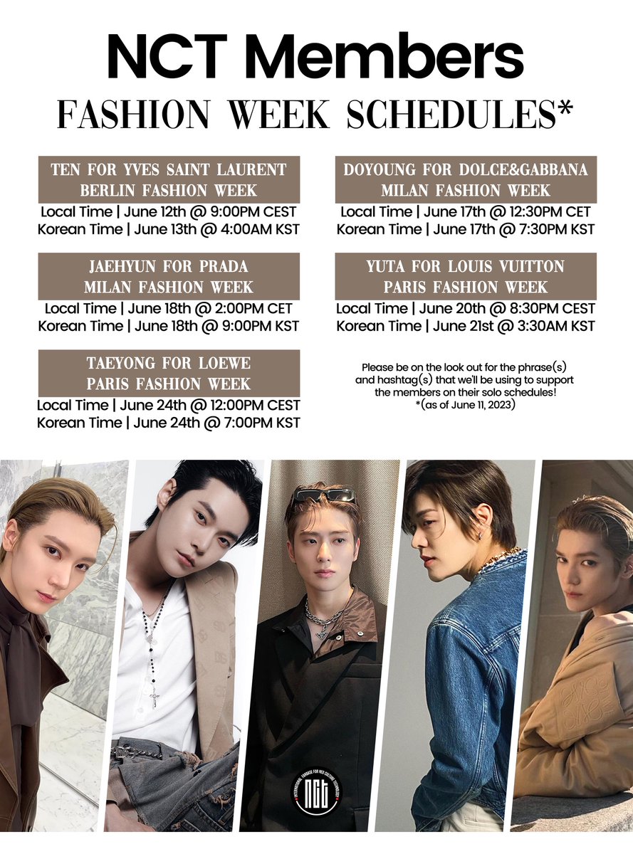 [!!!] NCTzens, we have a busy month ahead!

With all these upcoming Fashion Week schedules of the members, we have compiled their local times and times in KST to serve as our guide! Please be on the lookout for the phrase/s and hashtag/s that we will be using!

#NCT #WayV #NCT127