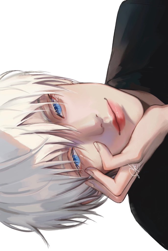 gojou satoru solo 1boy blue eyes male focus white background white hair short hair  illustration images