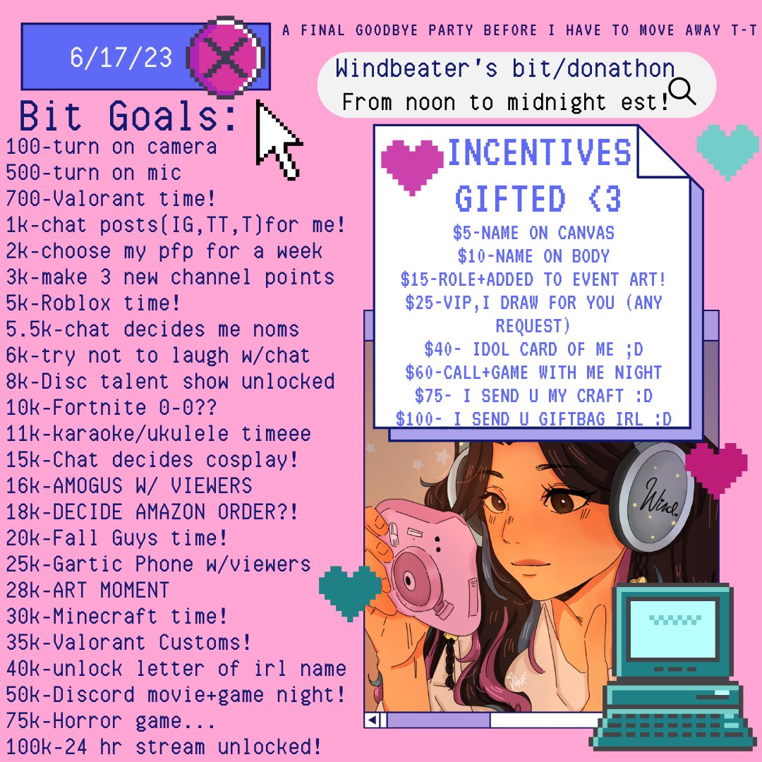 I'M DOING A 12HR BIT/DONATHON! ♡ on the 17th (in a week)!! This will be the last event in my current house :') so bittersweet before I move! Hope u can come by! 
✧･ﾟ: *✧･ﾟ:*
#subathon #twitch #twitchstreamer #TwitchStreamers #twitchgamer #smallstreamer #smallstreamers