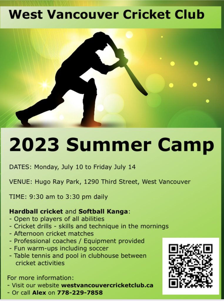 Our 🏏 Summer Camp will run from July 10th-14th, 9:30am-3:30pm at Hugo Ray Park. 

Softball (Kanga) and Hardball cricket, co-ed, all experience levels welcome. 

Register here: teamo.chat/club/register/…

More info: www2.westvancouvercricketclub.ca/pages/summer-c…

#WestVan #NorthVan #cricket #SummerCamp