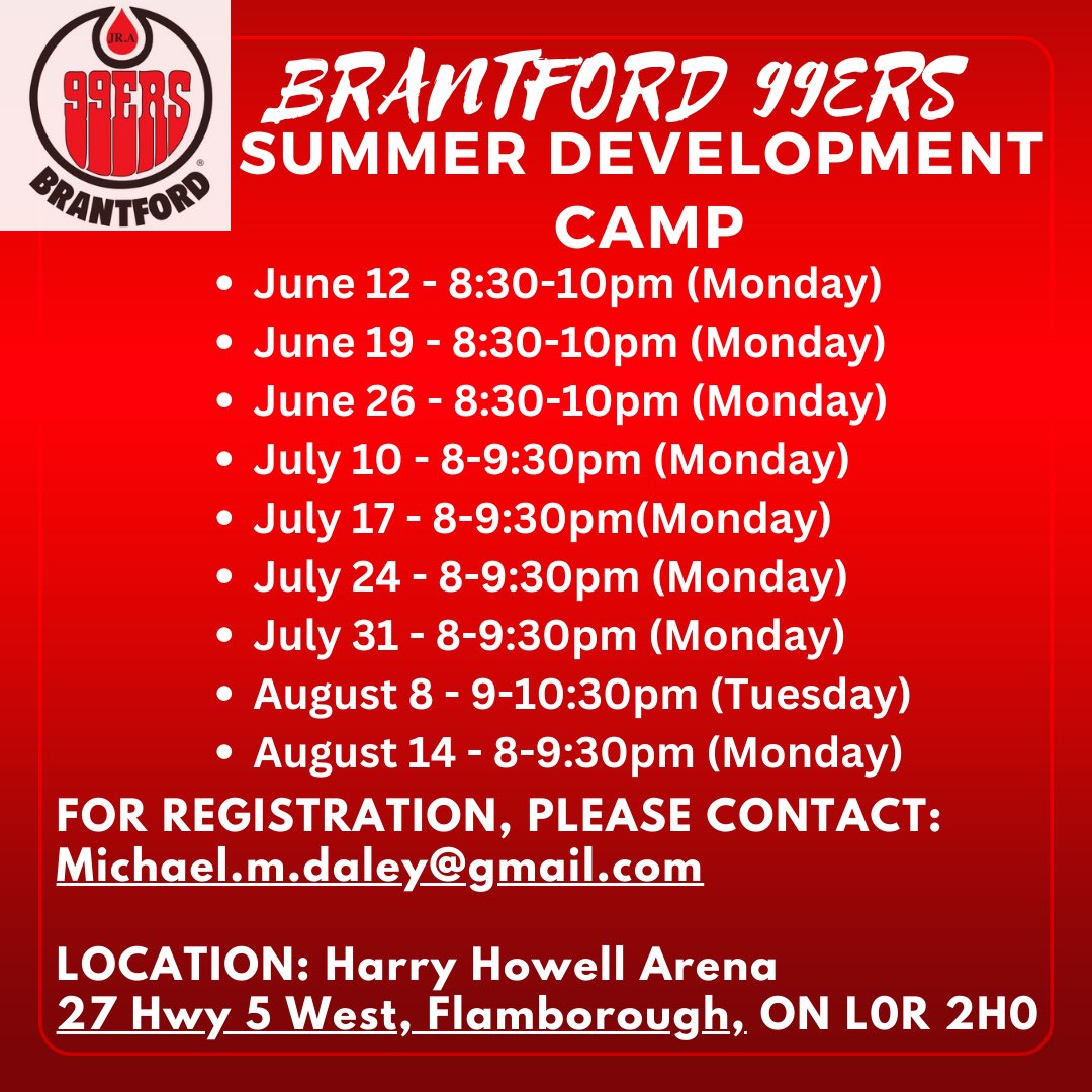 📢📢📢The wait is over! The Brantford 99ers Jr.A is now announcing the dates for 2023 summer development camp. Please refer to the image below for details about participating in our camp. #OJHL #brantford99ers