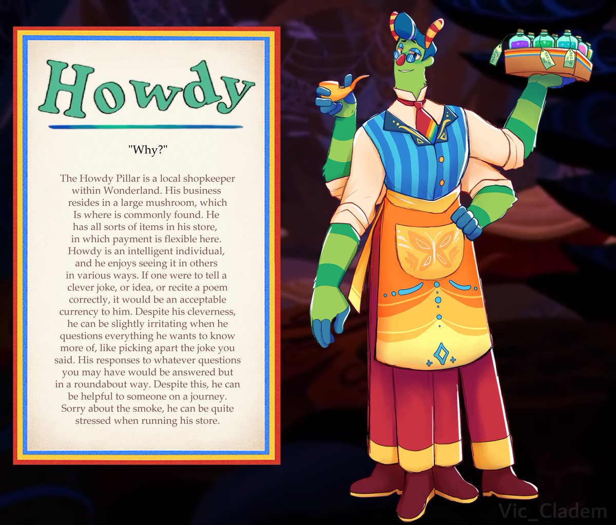 Vic_Cladem's tweet image. Introducing Howdy to "Welcome to Wonderland"! 
This AU in particular belongs to me and cupcakeblue223 on Instagram
(I did NOT draw or design the background. I took it from one of the backgrounds in the movie "Alice in Wonderland")  #welcometowonderland #welcomehomeau #HowdyPillar