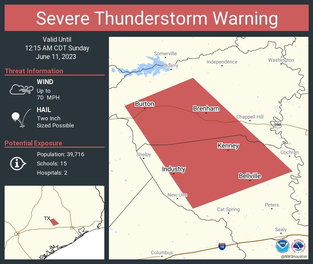NWS Houston on Twitter "Severe Thunderstorm Warning including Brenham TX, Bellville TX and