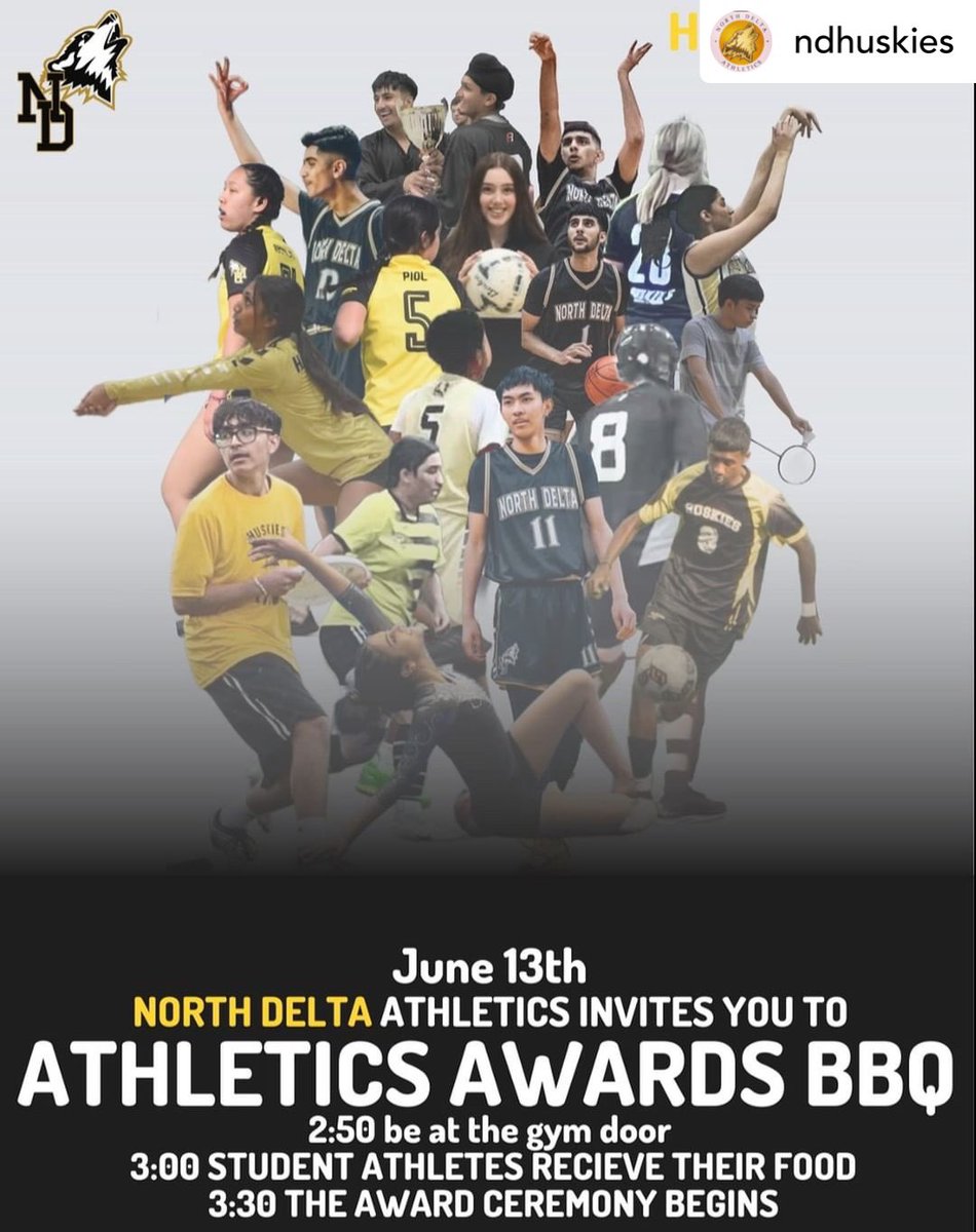 ND Athletics will be hosting its annual year-end BBQ on Tues June 13. Award recipients will receive an email to their deltalearns accts. Hope to see you there to celebrate another great yr of athletic accomplishments! <a href="/NDHuskies/">North Delta Huskies Athletics</a> #huskypride #huskyhighlights