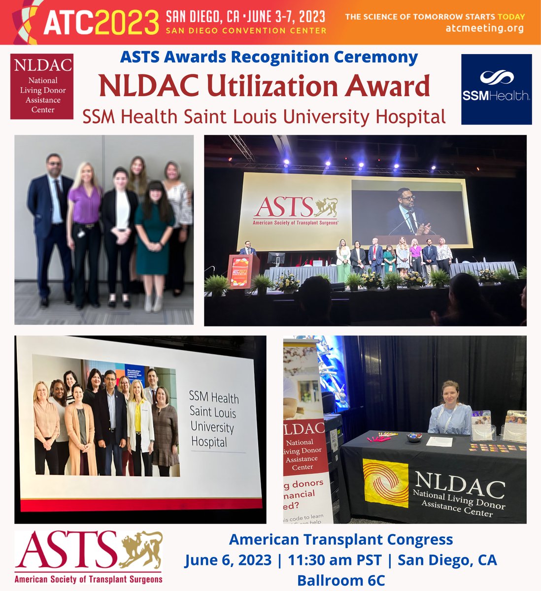Proud to represent @SSMHealthSTL #TransplantCenter for '@NLDAC_ASTS Utilization #Award' at @ASTSChimera🏅Ceremony | 06/06/23 #ATC2023SanDiego
·🙌🏾Kudos to our #Coordinators | #SocialWorkers➕ leadership for embracing programs to reduce #FinancialDisencentives💵to #LivingDonors🤝🏽