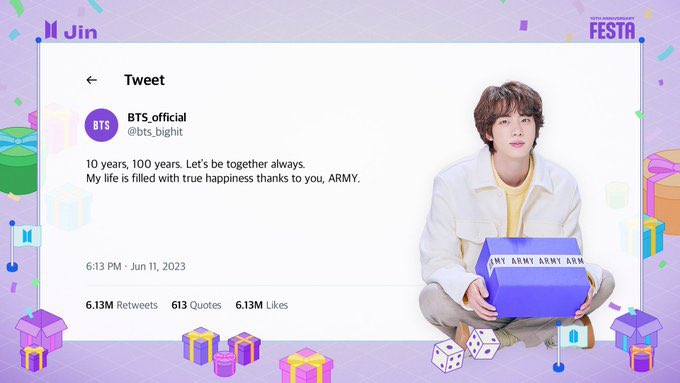 aritj1m3's tweet photo. #JIN : 10 años, 100 años. Estemos juntos siempre. Mi vida está llena de verdadera felicidad gracias a ti, ARMY. https://t.co/rw1MM7LoIv