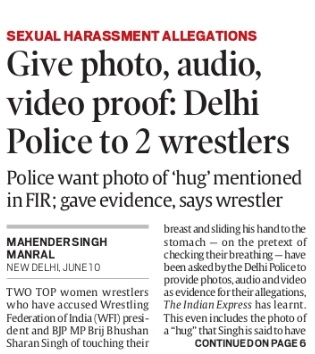 Two top women wrestlers who have accused WFI president and BJP MP #BrijBhushanSharanSingh of touching their breast and sliding his hand to the stomach,have been asked by Delhi Police to provide photos, audio and video as evidence for their allegations.

indianexpress.com/article/india/…