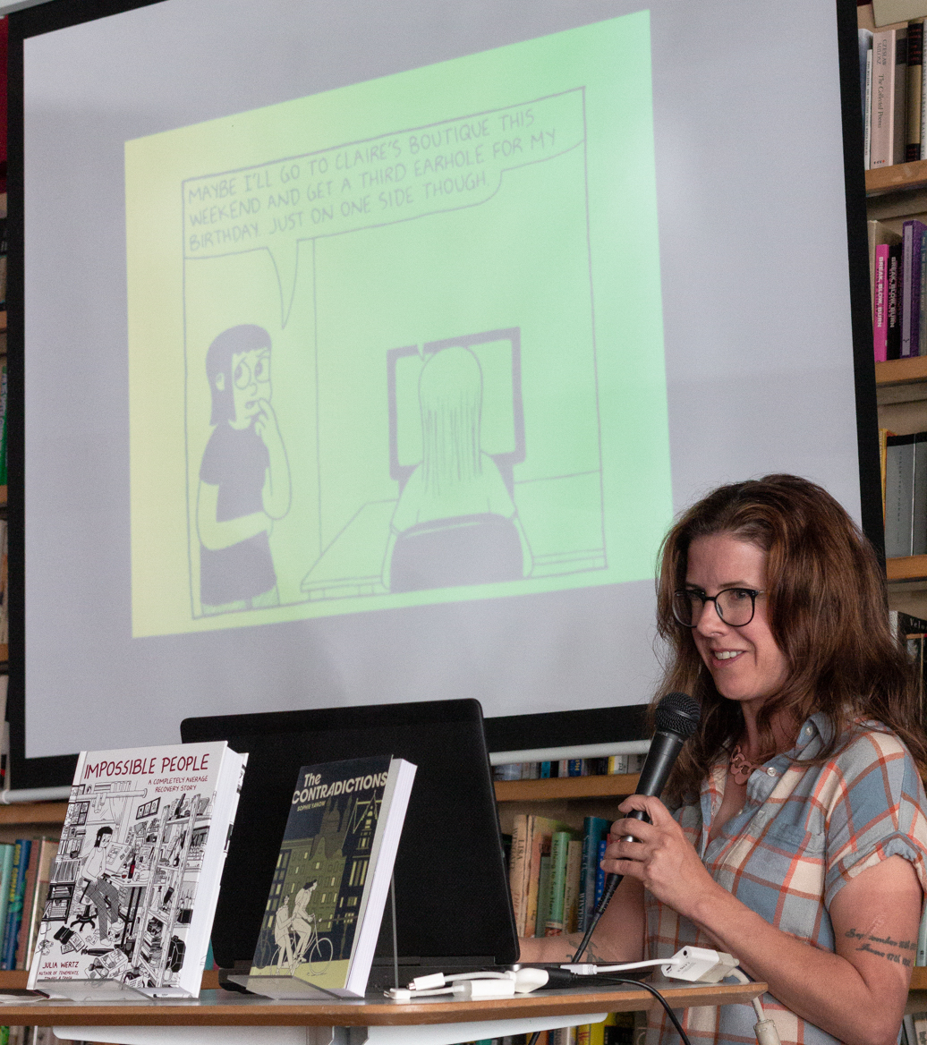 @Julia_Wertz and @sophieyanow at @PegasusBooks in downtown Berkeley for a talk and signing of their books, The Contradictions @DandQ  and Impossible People @BDLpub. Thurs., June 8, 2023