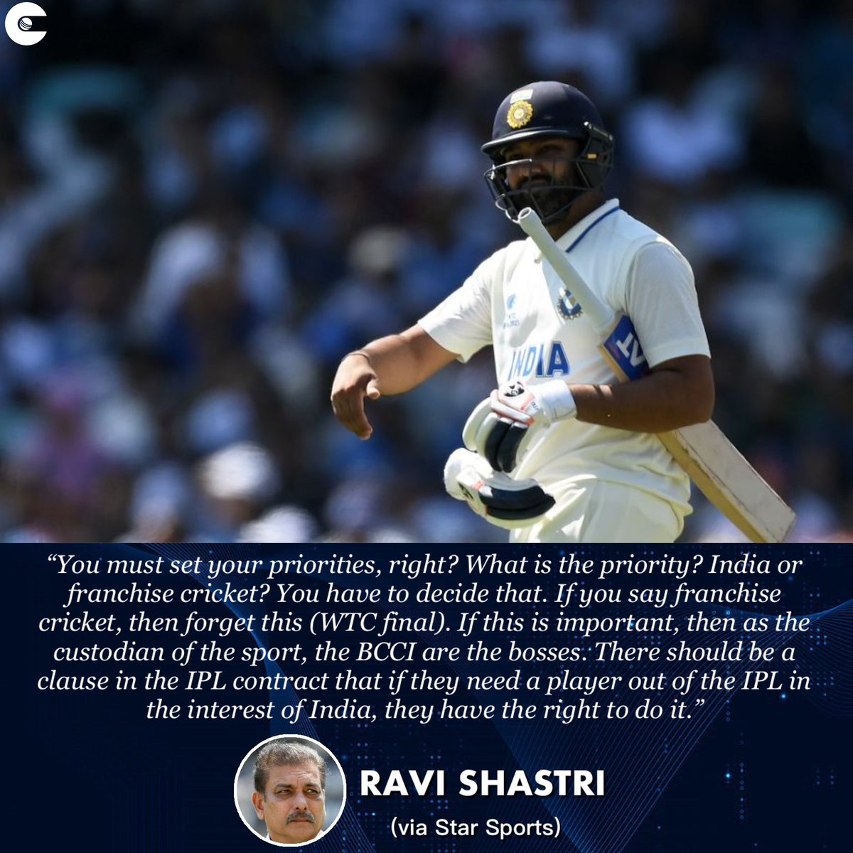 While Ravi Shastri is brave to say this - Question is, who will convince the arrogant out-of-shape/form Captain of the Indian team to focus on WTC Finals &amp; stay away from IPL, for once.