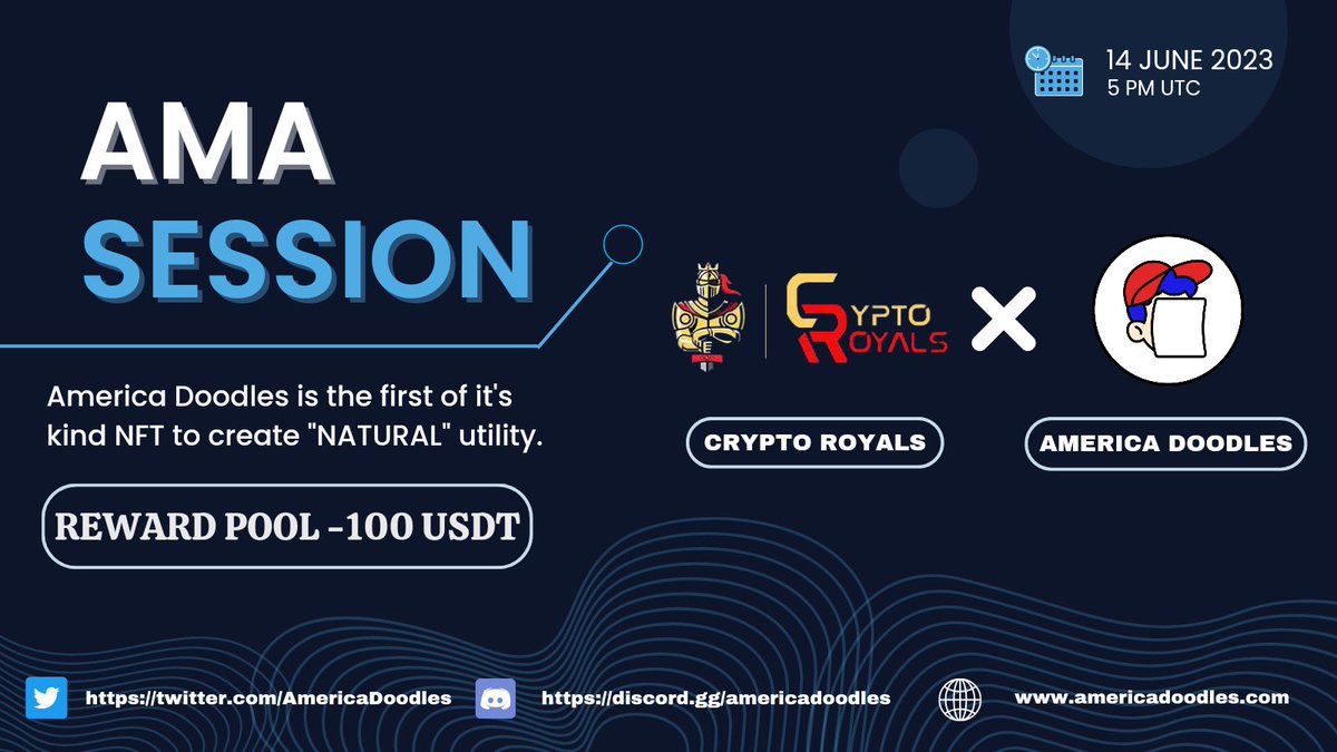 Crypto Royals AMA Session with America Doodles. Prize: 100$ Date: June 14th,2023 Time: 5:00 PM UTC Venue: t.me/cryptoroyalsch… Rules: Follow @AmericaDoodles and @CryptoRoyals Like,Retweet and comment your questions (Tag 3 friends) Ask maximum 2 questions #AMA #Airdrop